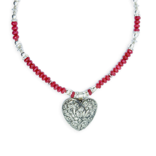 Sicangu Lakota Oyate Sterling Silver Heart Necklace with Raw Ruby Beads and Swarovski Crystals Accent