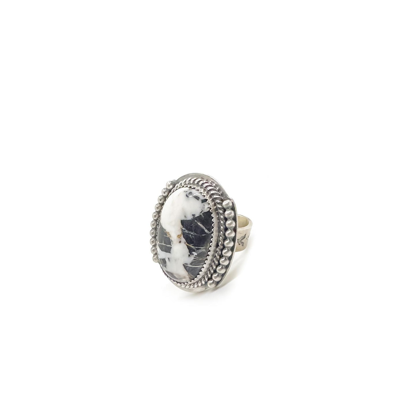Navajo Oval White Buffalo Sterling Silver Ring - Adjustable Size