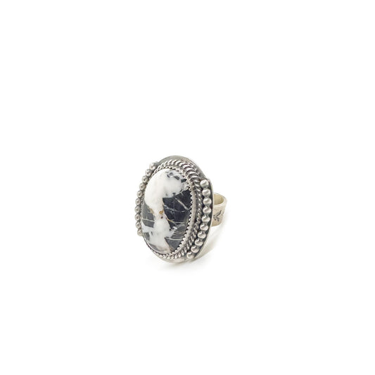 Navajo Oval White Buffalo Sterling Silver Ring - Adjustable Size