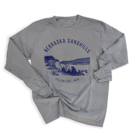 Garment Dyed Grey “Nebraska Sandhills: Valentine, Neb” Heavyweight Graphic Long Sleeve Tee