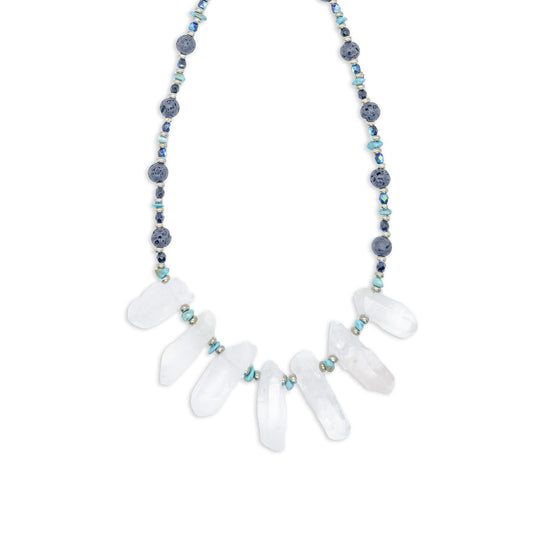 Sicangu Lakota Oyate Quartz with Turquoise, Sterling Silver, Lava Stone Accent Necklace