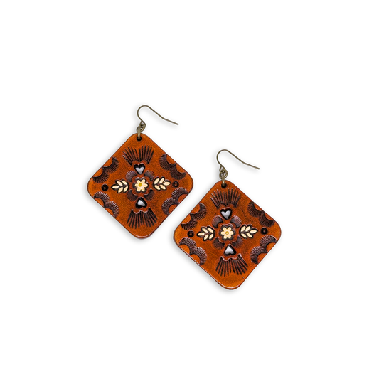 Saddle Tan Hand-Tooled Full Grain Leather Diamond Boho Earrings