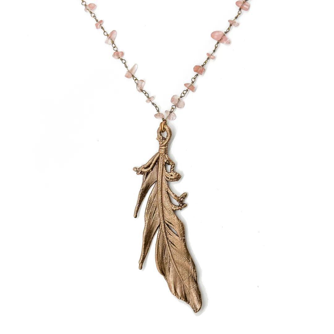 Real Mallard Duck Feather Electroformed in Copper Pendant Necklace with Beaded Chain