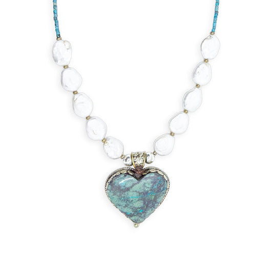 Sicangu Lakota Oyate Turquoise Heart Pendant Necklace with Pearl and Turquoise Chip Accent