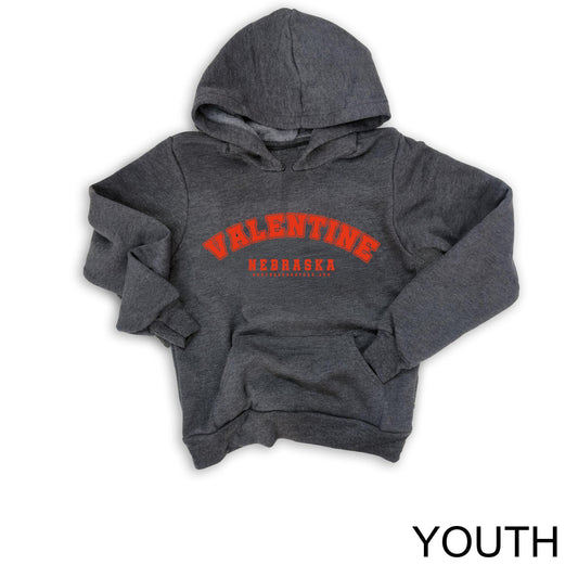 Youth Dark Heather Grey "Valentine, Nebraska" Varsity Graphic Hooded Sweatshirt