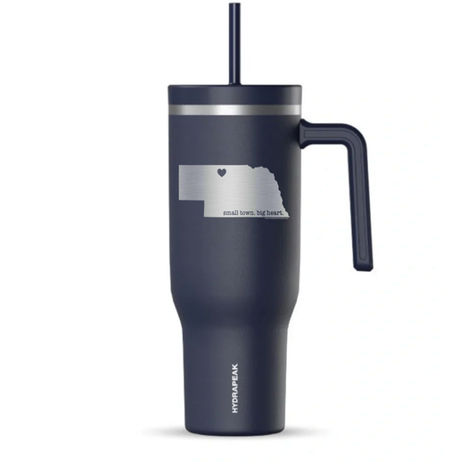 Navy 40oz “Small Town. Big Heart.” Valentine Nebraska Etched Double Insulated Voyager Tumbler