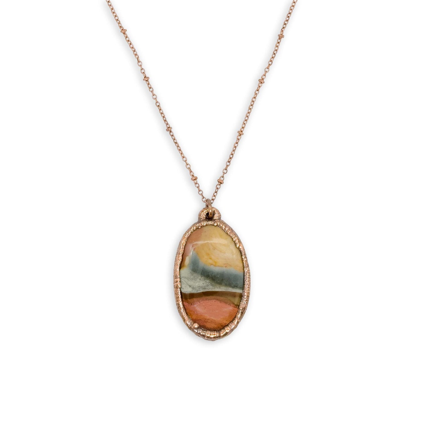 Oval Stormy Skies Sandhills Picture Jasper Pendant Necklace on 20″ Rose Copper Chain