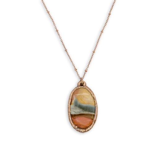 Oval Stormy Skies Sandhills Picture Jasper Pendant Necklace on 20″ Rose Copper Chain