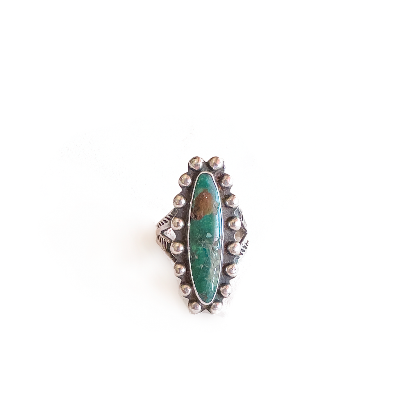 Vintage Navajo King's Manassa Turquoise Ball Bead Arrow Stamped Sterling Silver Ring - Size 6.5