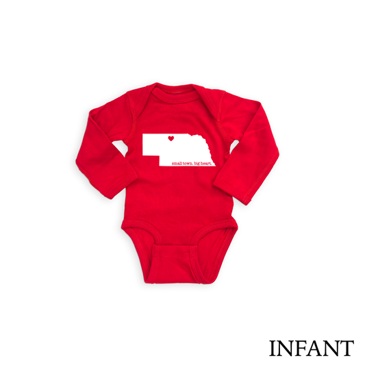 Infant Red “Small Town. Big Heart.” Valentine Nebraska Graphic Onesie